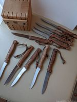 Overview of ten wood-handled knives arranged around the knife block