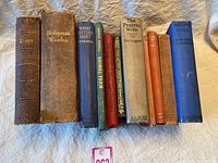 Photo showing full lot of 11 antique/vintage books standing upright on a cloth background, titles clearly visible on spines.