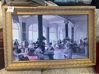 Framed vintage art print showing a social scene in an indoor setting with elegantly dressed figures and large windows, framed in ornate gold gild frame.