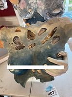 Top and front view of the abstract sculpture showing the torso with embedded shell-like elements and one hand grasping the edge.