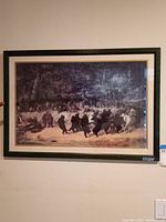 Framed wall art print of bears dancing in a wooded clearing, large group of bears in a circle.
