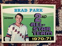 Front of the card showing Brad Park in Rangers jersey with 2nd All-Star Team 1970-71 text.