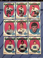 Front view of nine 1971-72 O-Pee-Chee Vancouver Canucks hockey cards arranged in three rows showing player images and team branding.