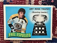 Front of the hockey card featuring Phil Esposito in Boston Bruins uniform, text 'Art Ross Trophy (Scoring Leader)' with image of trophy.