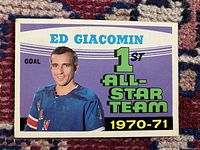 Front of the 1971-72 OPC Ed Giacomin All-Star Team hockey card showing color photo and graphic text.
