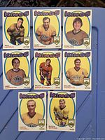 Front side of 8 Los Angeles Kings hockey cards from 1971-72 O-Pee-Chee set showing players and superimposed heads.