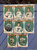Front side of nine 1971-72 OPC St. Louis Blues hockey cards showing player portraits and team name "Blues" in colored oval backgrounds.