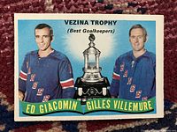 Front of 1971-72 OPC hockey card with Ed Giacomin and Gilles Villemure posing with Vezina Trophy