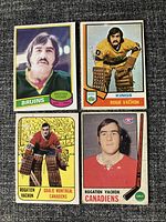 Four Rogie Vachon hockey cards front showing images from Bruins, Kings, and Canadiens.