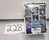 Front view of sealed 2021-22 Panini Contenders NBA trading card blaster box with 5 packs per box, 8 cards per pack, featuring rookie images and Panini branding.