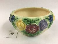 Front view of oval Roseville Pottery Rozane Line vase showing embossed and handpainted flowers on textured surface.