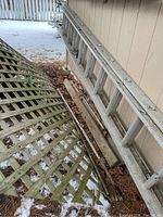 Ladder leaning against an exterior shed wall, showing full length and metal rungs with round holes for weight reduction.