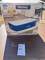 Photo of the Bestway twin size air mattress box showing the mattress image and key features.