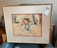 Full artwork and frame showing reclining woman in watercolor by Julius Marosan.