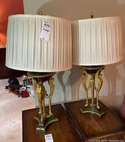 Two identical table lamps on wooden tables showing full silhouette
