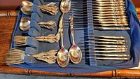 Full layout of flatware in blue tray showing spoons, forks and knives