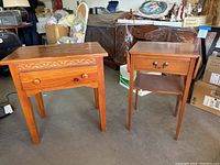 Both wood tables side by side showing overall size and condition