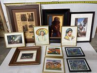 Full group of 12 framed art pieces including portraits, landscapes, cultural scenes in various media and frame styles