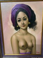 Full view of the original nude oil portrait painting by Hardy featuring a woman with a purple headwrap and gold earrings.