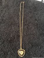 Gold chain with attached triangular pendant charm on black fabric background, full view of necklace.