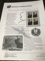 Informational insert from the stamp package with details about Alfred Hitchcock and the stamp issue, showing text and images related to his biography and film history.