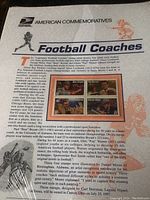 Photo of the stamp set package with American Commemoratives Football Coaches title and historical text.