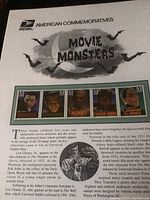 Photo of unopened vintage USPS Movie Monsters stamp package with detailed text about the stamps and characters.