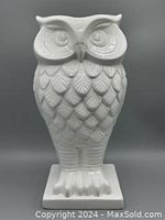 Front view of white ceramic owl vase showing detailed eyes, beak, and feather texture on body, standing on rectangular base.