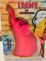 Front view of colorful boxed pink elephant-shaped perfume bottle by Jean Pierre Sand, labeled Loomy, 80ml size, new in box.