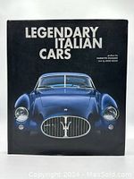 Front cover of the book showing a close-up image of a classic blue Italian sports car with text 'Legendary Italian Cars' and authorship credits.