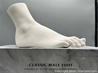 Side profile of a fine porcelain classic male foot sculpture shown on its box with inscription 'Classic Male Foot Inspired by Michelangelo's Masterpiece'.