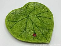 Top down view of green leaf platter showing fine textured surface and red ladybug detail near edge.