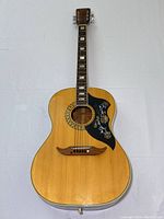 Full front view of guitar showing body shape, pickguard, rosette, bridge and overall finish