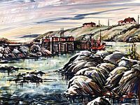 Full view of painting showing dock, boat and rocky shoreline