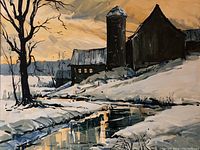 Close-up view of barn, silo and snowy scene with reflective water
