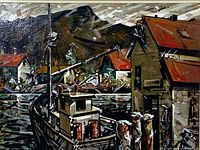 Close-up view of painting surface showing fishing boat and waterfront scene.