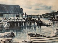 Close-up of coastal scene showing dock, fishing shack, sacks and boat
