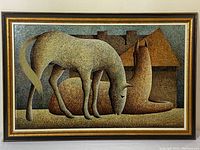 Full view of the framed acrylic painting showing two horses and geometric background