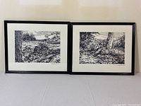 Two framed black ink landscape sketches signed by R.J. Robertson depicting stream and tree scenes, shown side by side.