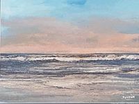 Close-up of the watercolour seascape showing waves and a pastel sky.