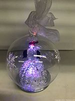 Clear spun glass snowman tree ornament on display with LED lights lit, showing colour changing effect and snowflake patterns on glass.