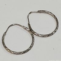 Front view of two 10K white gold twisted hoop earrings lying flat on white background.