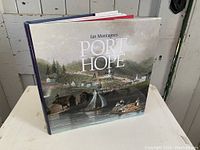 Front cover of the hardcover book titled 'Port Hope: A History' by Ian Montagnes, showing a detailed painted scene of the town and water.