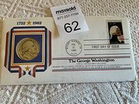 First day of issue cover showing medal image, postmark dated Feb 22, 1982 from Mount Vernon, Virginia, and the George Washington stamp