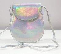 Front view of the vintage iridescent holographic BOCCI small handbag, showing flap closure and shoulder strap.