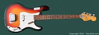 Full front view of sunburst bass guitar showing body shape, pickguard, hardware and finish