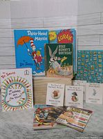 Full front view of children's books including Dr. Seuss, Bugs Bunny, and Beatrix Potter titles.