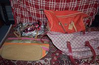 View of four bags including large orange carry-on, pink and white patterned tote, straw handbag with colorful trim, and multicolor satchel on red patterned rug.