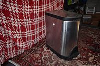 Closed rectangular stainless steel trash can with black plastic base and lid, placed on patterned rug with red and white fabric behind.