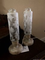 Pair of frosted floral glass shade boudoir lamps on marbled Bakelite-style bases shown side by side on dark wood furniture.